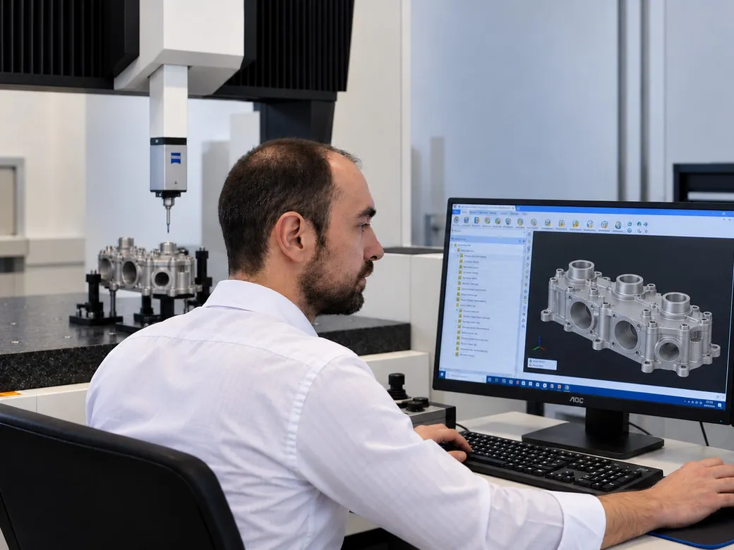 Leonardo programando a medição de uma peça usinada no software da máquina de medição por coordenadas